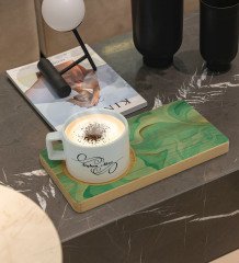 Kişiye Özel Mermer Tasarımlı Doğal Ahşap Tabaklı Seramik Fincan Sunum Seti  Model 1