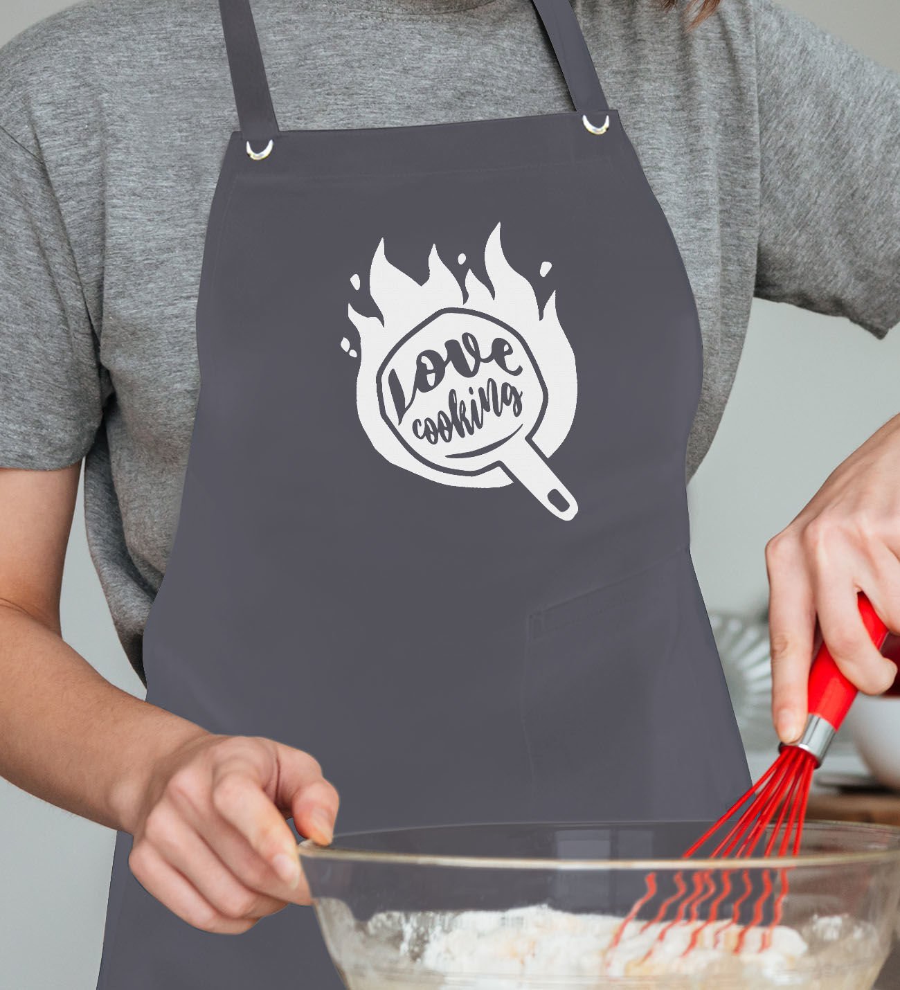 BK Gift Profesyonel Love Cooking Tasarımlı Antrasit Mutfak Önlüğü, Aşçı Önlüğü, Şef Önlüğü, Ev Hediyesi, Arkadaşa Hediye-1
