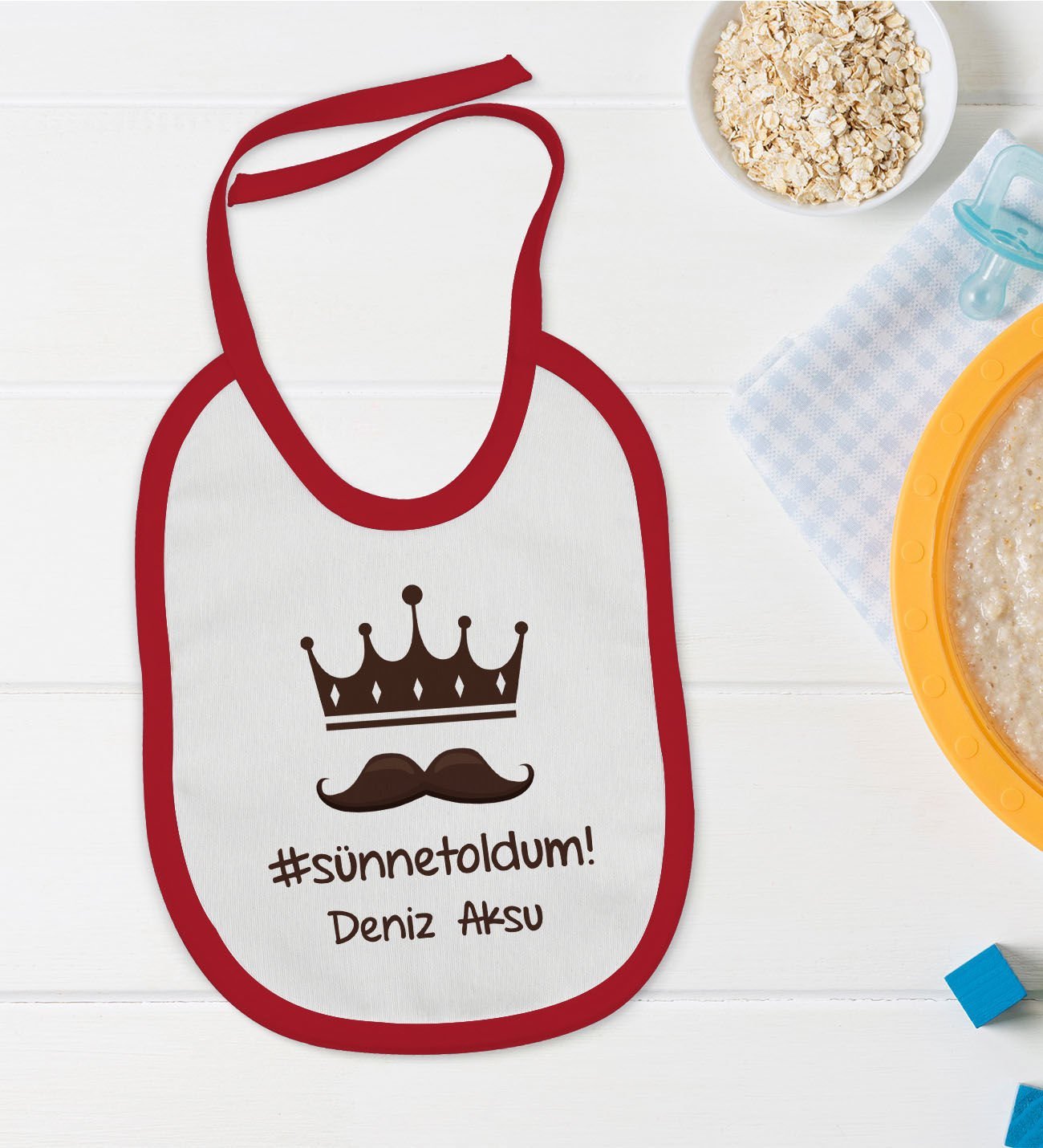 BK Kids Kişiye Özel Sünnet Oldum Tasarımlı Kırmızı Bebek Mama Önlüğü-1