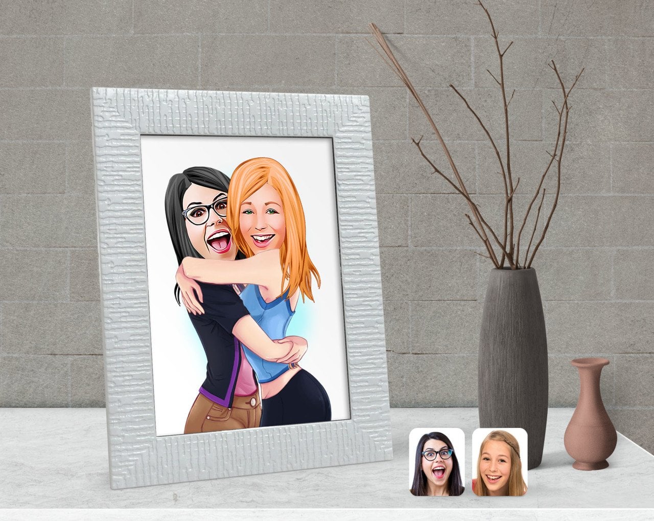 Kişiye Özel Kız Kardeşler Karikatürlü Dekoratif Çerçeve-10