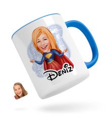 Kişiye Özel Süper Girl Karikatürlü Mavi Kupa Bardak
