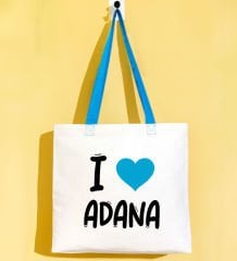 BK Gift I Love Adana Turkuaz Renkli Kulp Gabardin Bez Çanta 40x35cm, Baskılı Omuz Çantası, Alışveriş Çantası, Plaj Çantası