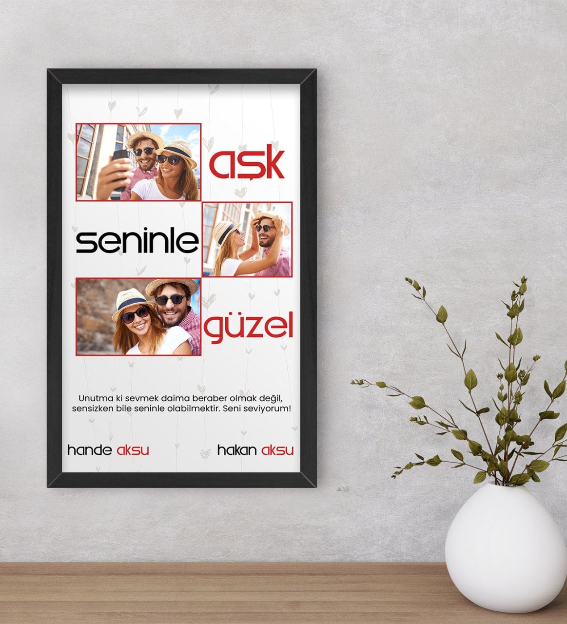 Kişiye Özel Aşk Seninle Güzel Temalı Dekoratif Ahşap Siyah Çerçeveli Tablo 40x25cm-1