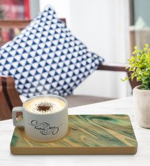 Kişiye Özel Mermer Tasarımlı Doğal Ahşap Tabaklı Seramik Fincan Sunum Seti  Model 2