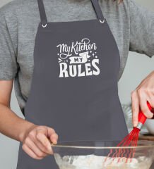 BK Gift Profesyonel My Kitchen My Rules Tasarımlı Antrasit Mutfak Önlüğü, Aşçı Önlüğü, Şef Önlüğü, Ev Hediyesi, Arkadaşa Hediye-1