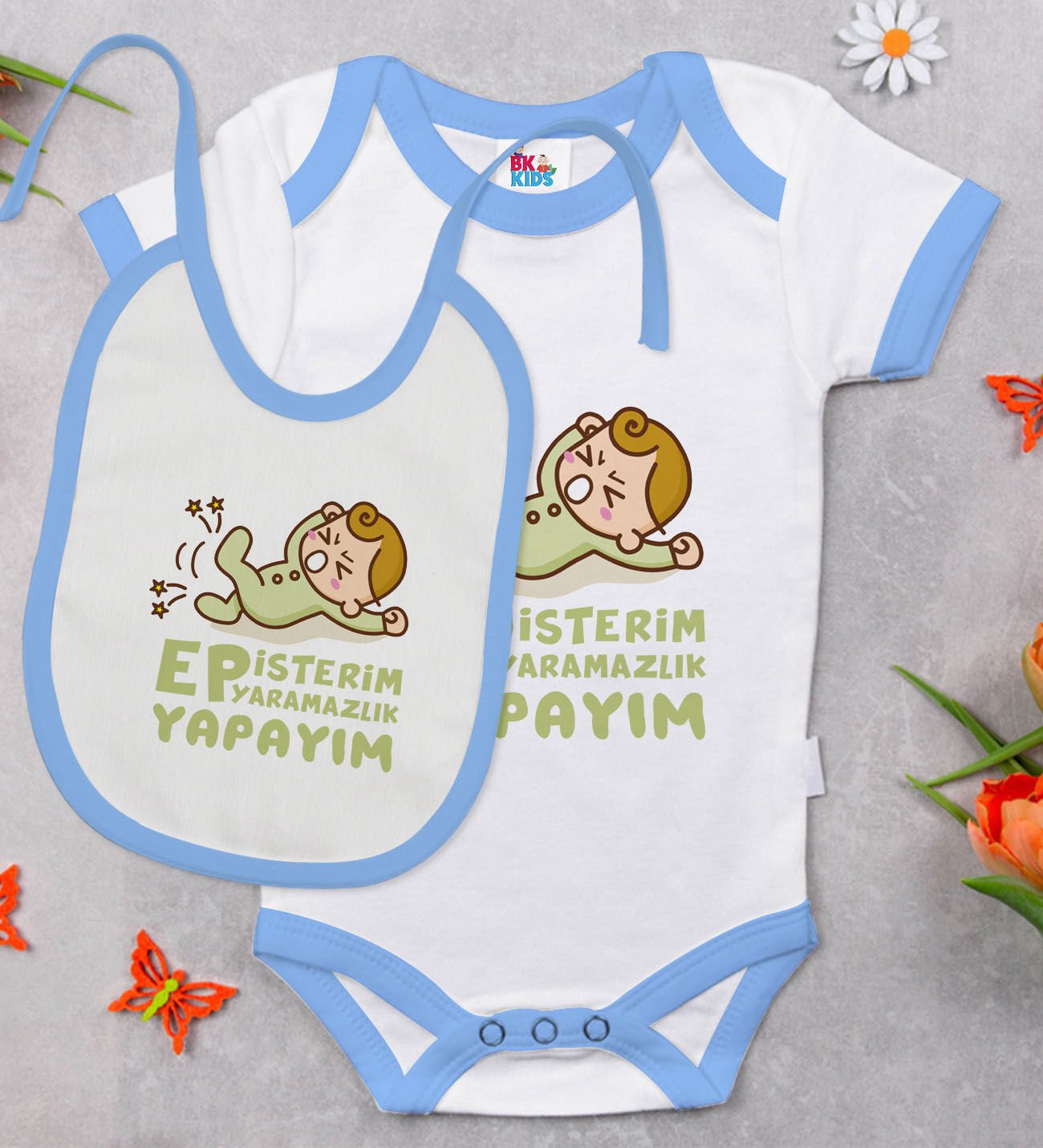 BK Kids Ep İsterim Tasarımlı Mavi Bebek Body Zıbın ve Mama Önlüğü Hediye Seti-2