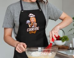 BK Gift Kişiye Özel Kadın Chef Karikatürlü Profesyonel Siyah Mutfak Önlüğü, Aşçı Önlüğü, Şef Önlüğü, Arkadaşa Hediye-5
