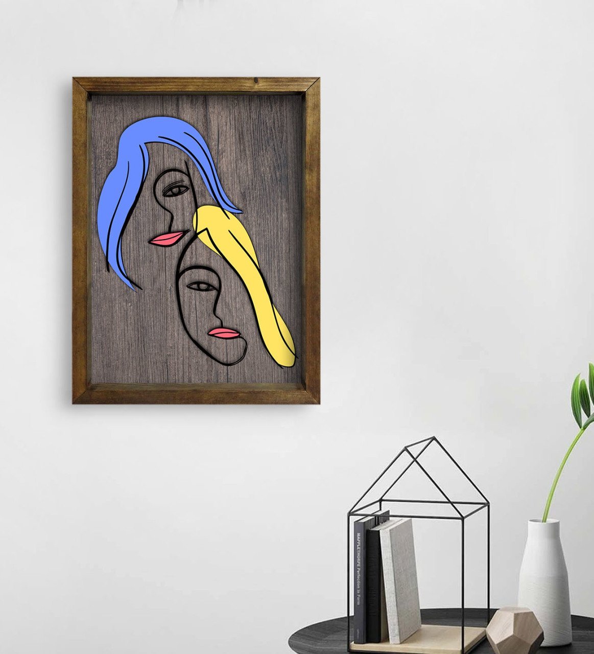BK Home Woman Line Tasarımlı Doğal Masif Ahşap Çerçeveli Tablo 45x65cm-1
