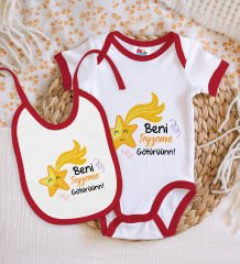 BK Kids Beni Teyzeme Götürün Tasarımlı Kırmızı Bebek Body Zıbın ve Mama Önlüğü Hediye Seti-1