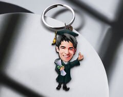 BK Gift Kişiye Özel Mezun Karikatürlü Ahşap Anahtarlık-1 Sevgiliye Hediye, Arkadaşa Hediye, Doğum Günü Hediyesi