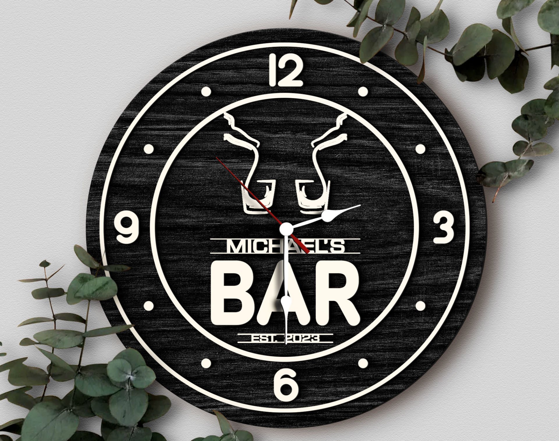 BK Gift Barlara Özel Dekoratif Siyah Ahşap Duvar Saati 35cm-20 , Bar Duvar Saati , Cafe Duvar Saati , Özel Ahşap Saat