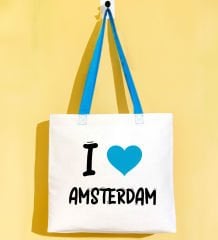 BK Gift I Love Amsterdam Turkuaz Renkli Kulp Gabardin Bez Çanta 40x35cm, Baskılı Omuz Çantası, Alışveriş Çantası, Plaj Çantası