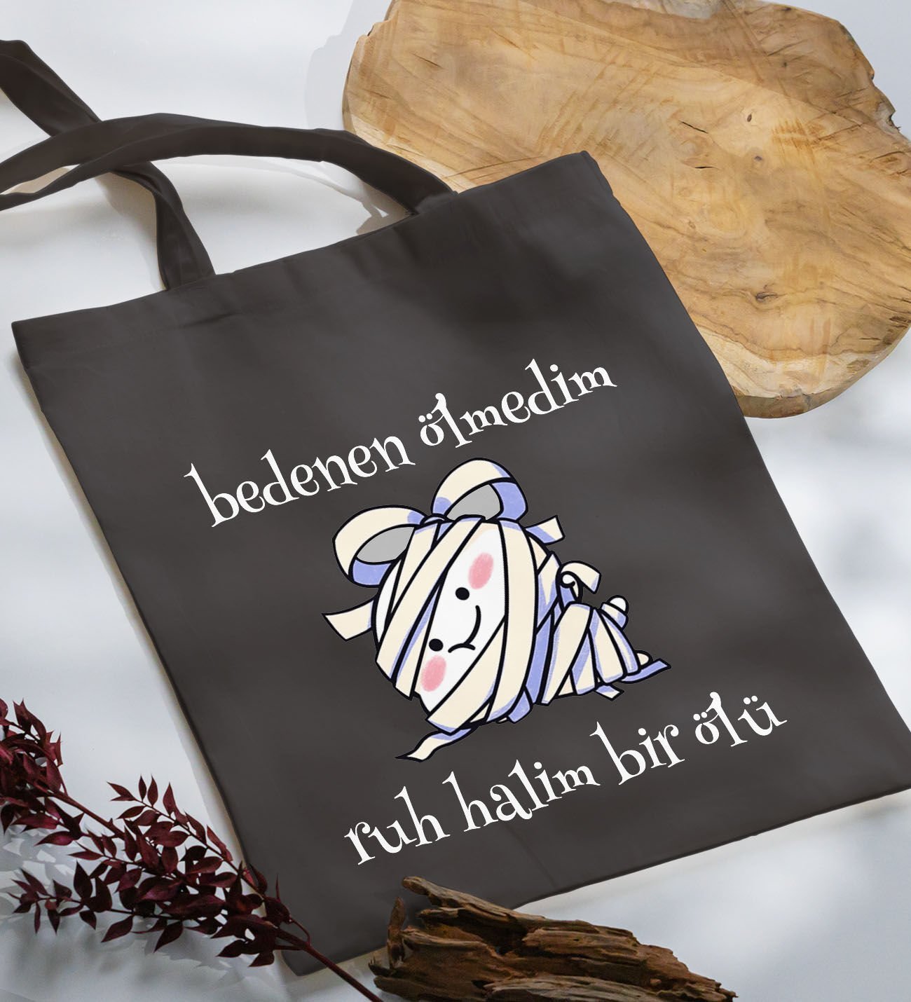 BK Gift Ruh Halim Bir Ölü Tasarımlı-1 Antrasit Kumaş Bez Çanta, Baskılı Omuz Çantası, Alışveriş Çantası, Anneye Hediye