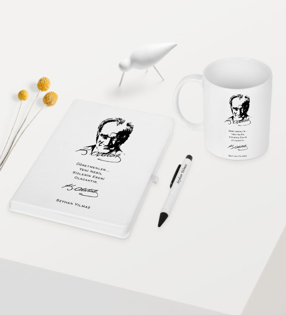 Kişiye Özel Atatürk Temalı Beyaz Defter Kalem Kupa Seti - 2
