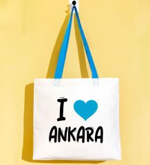 BK Gift I Love Ankara Turkuaz Renkli Kulp Gabardin Bez Çanta 40x35cm, Baskılı Omuz Çantası, Alışveriş Çantası, Plaj Çantası