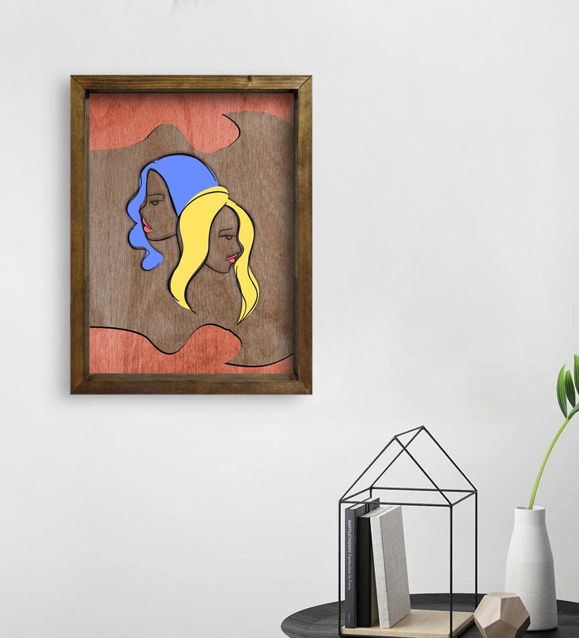 BK Home Woman Line Tasarımlı Doğal Masif Ahşap Çerçeveli Tablo 45x65cm-3