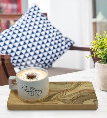 Kişiye Özel Mermer Tasarımlı Doğal Ahşap Tabaklı Seramik Fincan Sunum Seti  Model 5