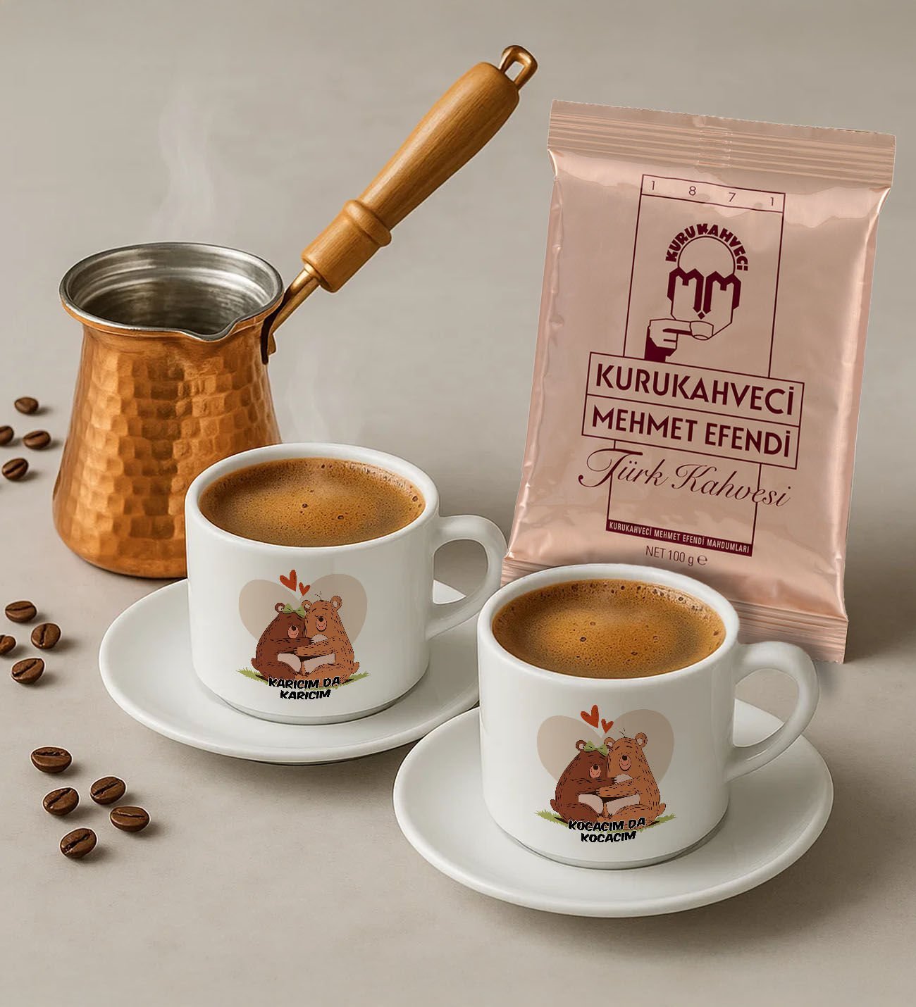BK Gift Karıcım-Kocacım Tasarımlı 2'li Türk Kahvesi Fincanı & Bakır Cezve & Türk Kahvesi Seti-3, Arkadaş Hediye, Sevgiliye Hediye