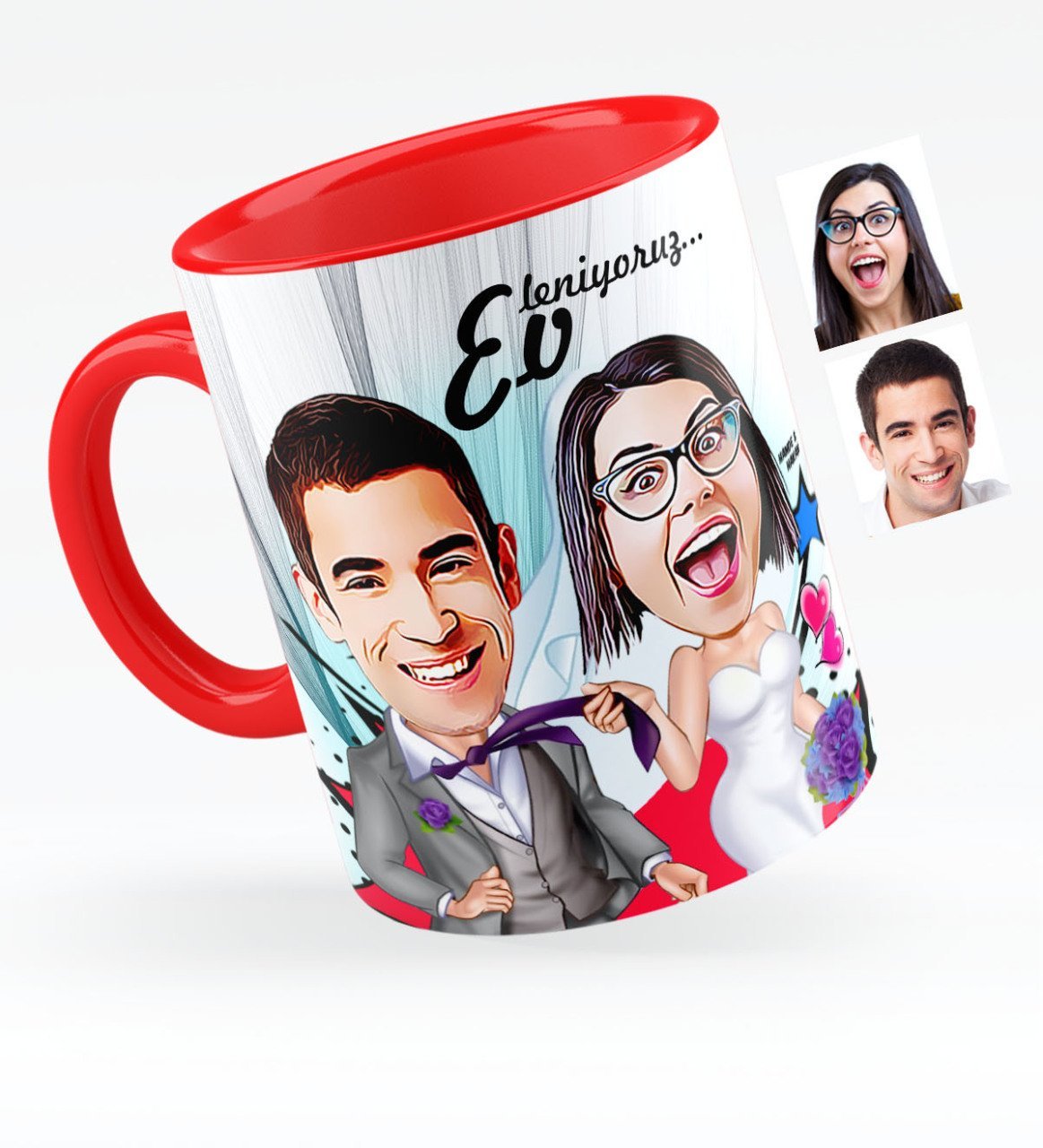 Kişiye Özel Evleniyoruz Karikatürlü Kırmızı Kupa Bardak - 6