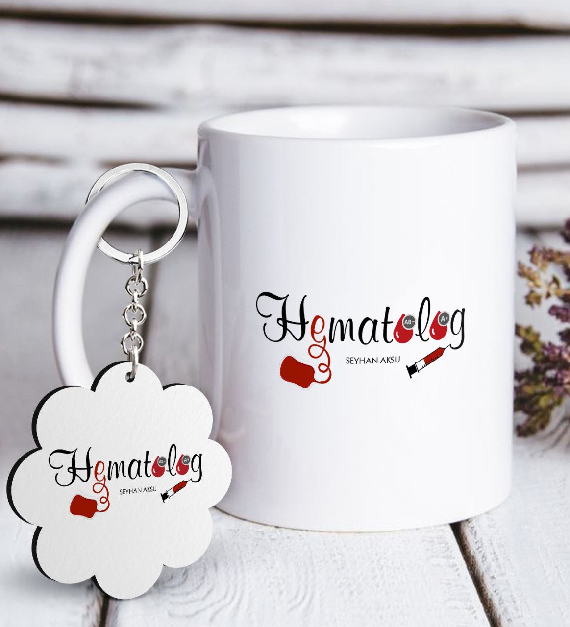 Kişiye Özel Mesleki Hematolog Beyaz Kupa ve Anahtarlık Hediye Seti