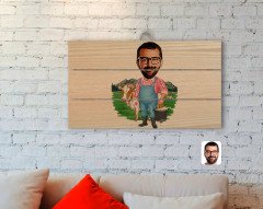 Kişiye Özel Çiftçi Karikatürlü Otantik Ahşap Palet Tablo