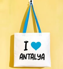 BK Gift I Love Antalya Turkuaz Renkli Kulp Gabardin Bez Çanta 40x35cm, Baskılı Omuz Çantası, Alışveriş Çantası, Plaj Çantası