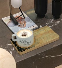 Kişiye Özel Mermer Tasarımlı Doğal Ahşap Tabaklı Seramik Fincan Sunum Seti  Model 6