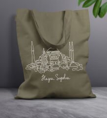 BK Gift Ayasofya Camii Tasarımlı-1 Haki Kumaş Bez Çanta, Baskılı Omuz Çantası, Alışveriş Çantası, Anneye Hediye