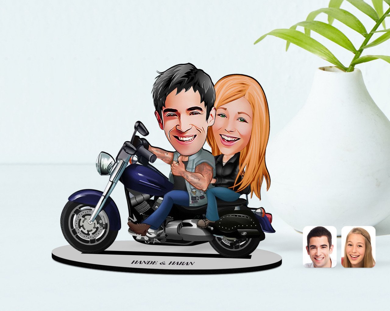 Kişiye Özel Motorcu Sevgililer Karikatürlü Ahşap Biblo Model-1