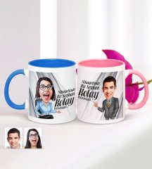 Kişiye Özel İkili Nihayetinde Karikatürlü Mavi Pembe Kupa Set
