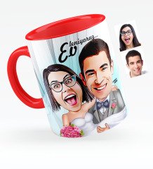 Kişiye Özel Evleniyoruz Karikatürlü Kırmızı Kupa Bardak - 7