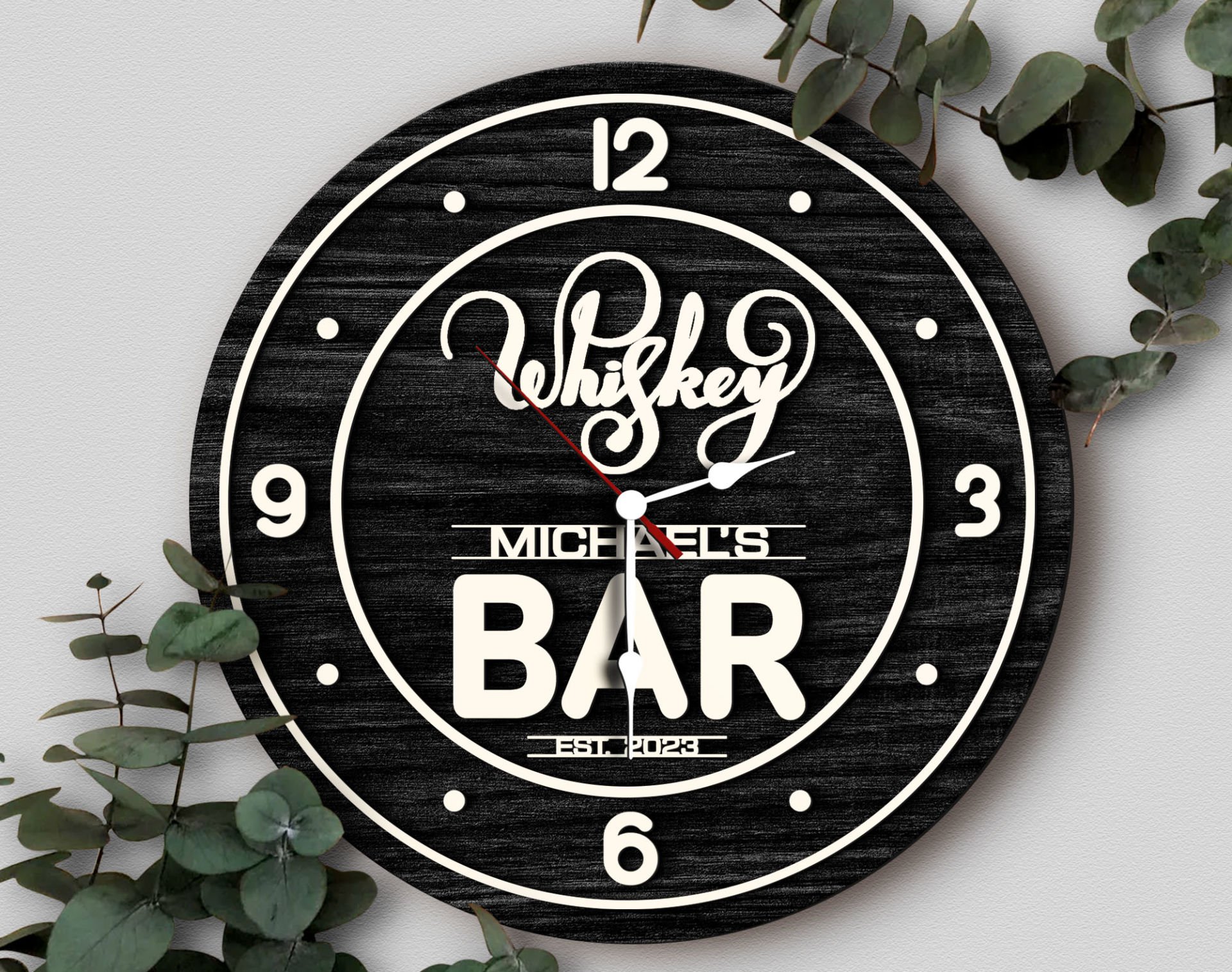 BK Gift Barlara Özel Dekoratif Siyah Ahşap Duvar Saati 35cm-23 , Bar Duvar Saati , Cafe Duvar Saati , Özel Ahşap Saat