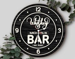 BK Gift Barlara Özel Dekoratif Siyah Ahşap Duvar Saati 35cm-23 , Bar Duvar Saati , Cafe Duvar Saati , Özel Ahşap Saat