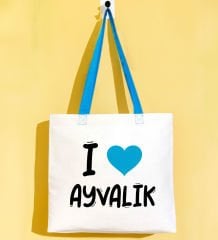 BK Gift I Love Ayvalık Turkuaz Renkli Kulp Gabardin Bez Çanta 40x35cm, Baskılı Omuz Çantası, Alışveriş Çantası, Plaj Çantası