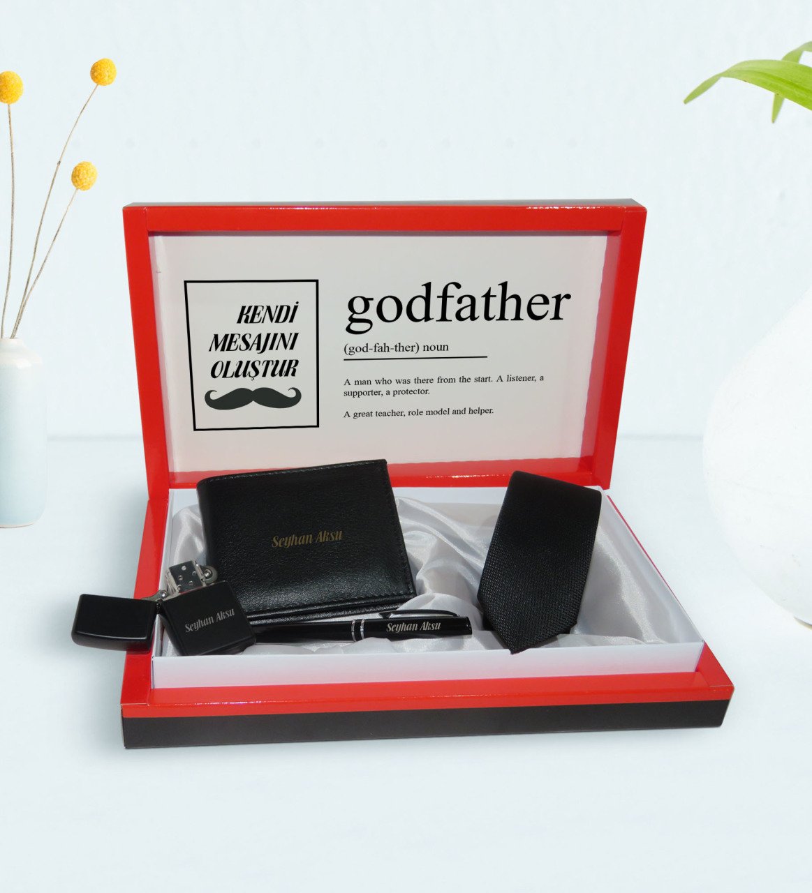 Kişiye Özel Godfather Baba Tasarımlı Mesajlı Kutuda Cüzdan Kravat Çakmak ve Kalem Hediye Seti-14