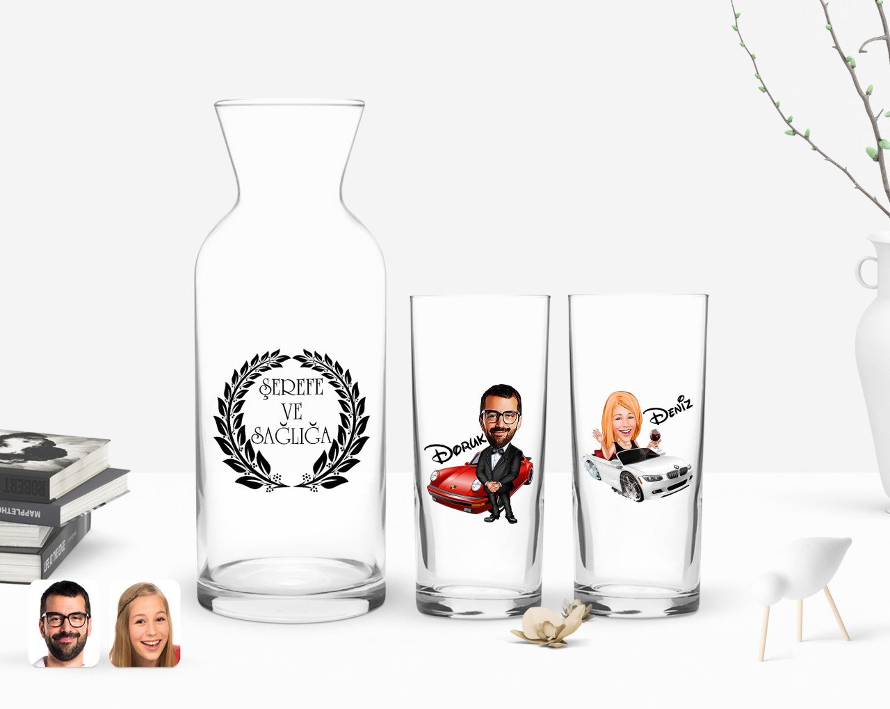 Kişiye Özel Renkli Baskılı Erkek ve Kadın Karikatürlü İkili Rakı Bardağı ve Karaf Hediye Seti-2