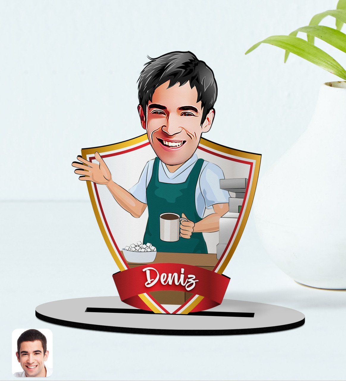 Kişiye Özel İsimli Barista Karikatürlü Ahşap Biblo Model-1