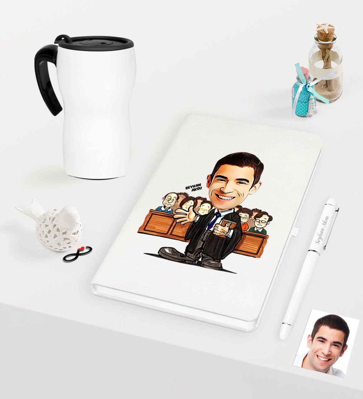 Kişiye Özel Bay Avukat Karikatürlü Beyaz Defter Kalem ve Termos Mug Seti  - 2