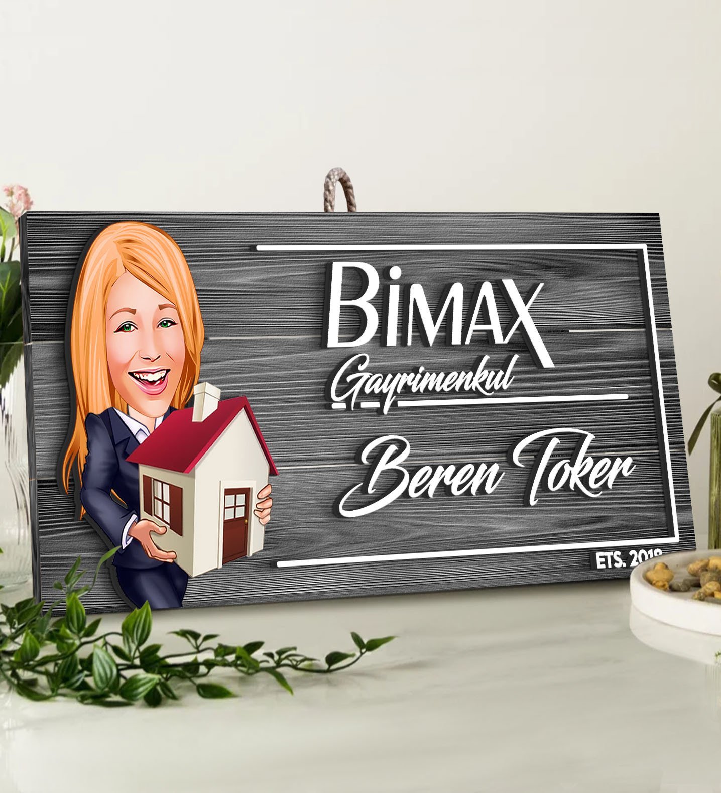 BK Gift Kişiye Özel Gayrimenkul Karikatürlü Gri Dekoratif Ahşap Tabela