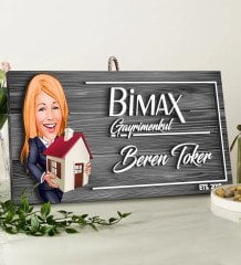 BK Gift Kişiye Özel Gayrimenkul Karikatürlü Gri Dekoratif Ahşap Tabela