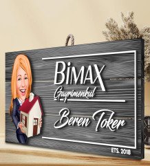 BK Gift Kişiye Özel Gayrimenkul Karikatürlü Gri Dekoratif Ahşap Tabela