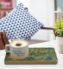 Kişiye Özel Mermer Tasarımlı Doğal Ahşap Tabaklı Seramik Fincan Sunum Seti  Model 9