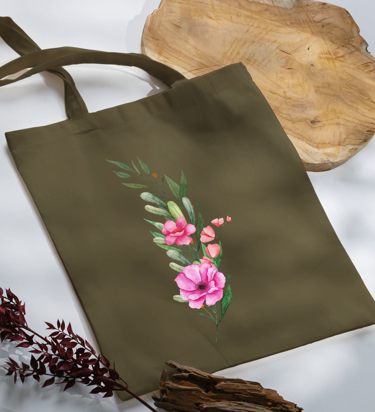 BK Gift Çiçek Tasarımlı-1 Haki Kumaş Bez Çanta, Baskılı Omuz Çantası, Alışveriş Çantası, Arkadaşa Hediye