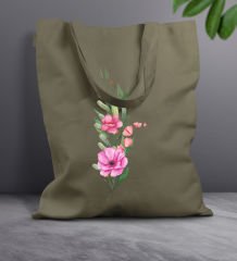 BK Gift Çiçek Tasarımlı-1 Haki Kumaş Bez Çanta, Baskılı Omuz Çantası, Alışveriş Çantası, Arkadaşa Hediye