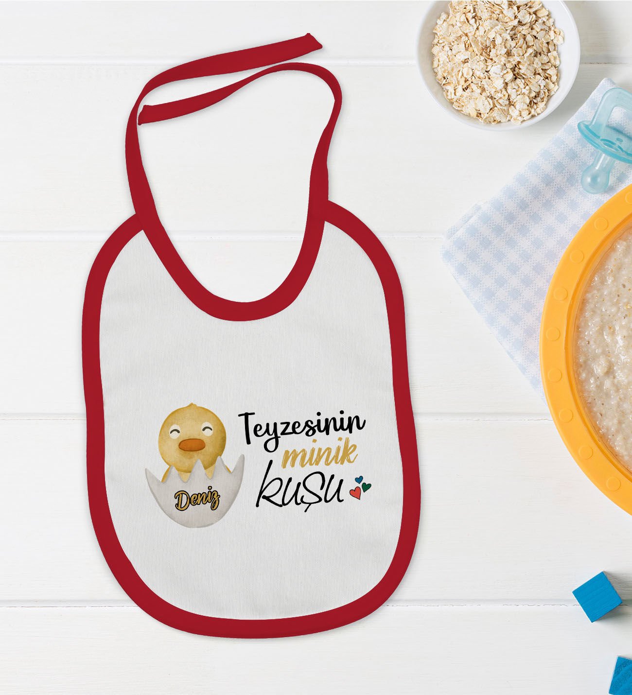 BK Kids Kişiye Özel Teyzesinin Minik Kuşu Tasarımlı Kırmızı Bebek Mama Önlüğü-1