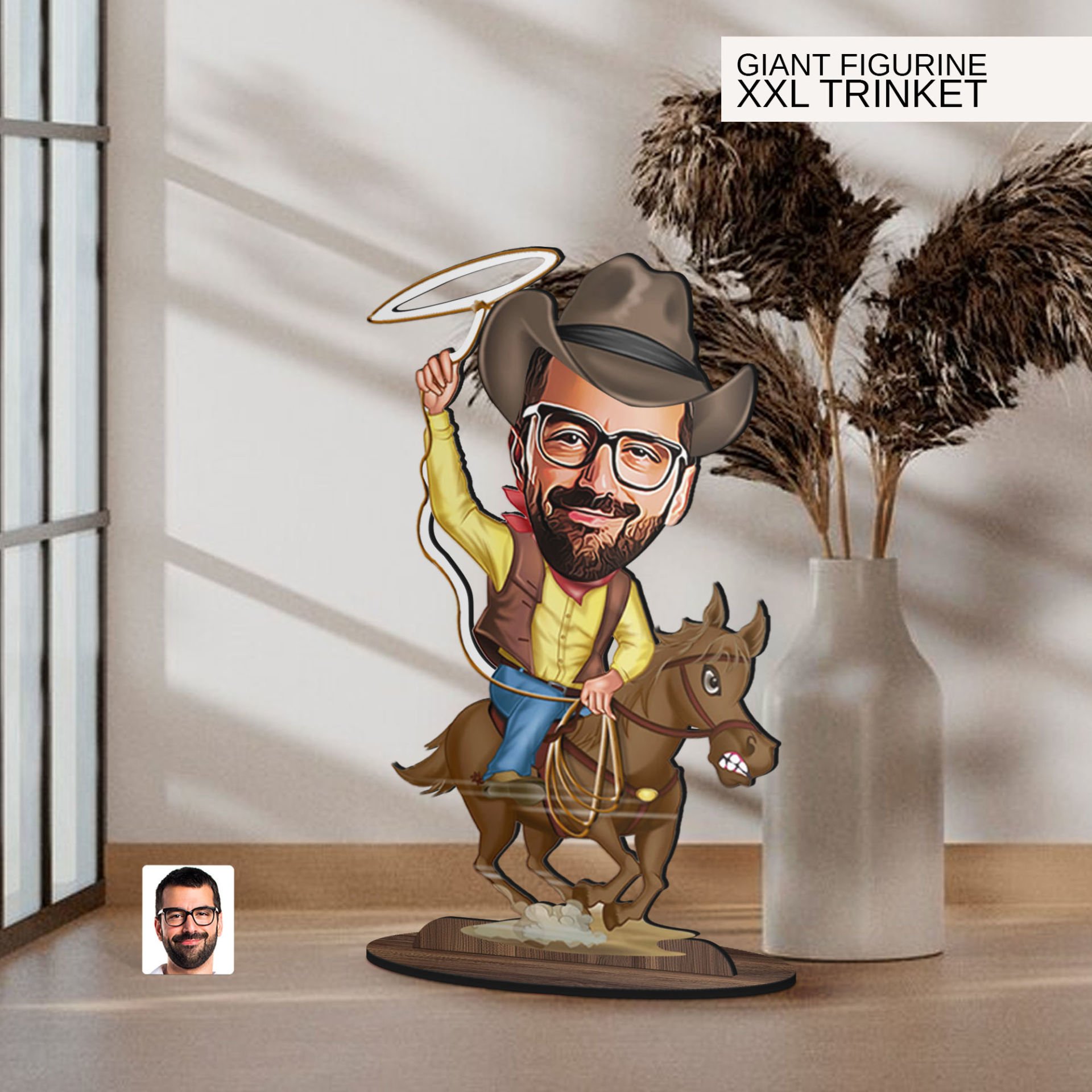 BK Gift Kişiye Özel Kovboy Karikatürlü Büyük Boy Ahşap Biblo-1 Arkadaşa Hediye , Sevgiliye Hediye, Kişiye Özel Biblolar