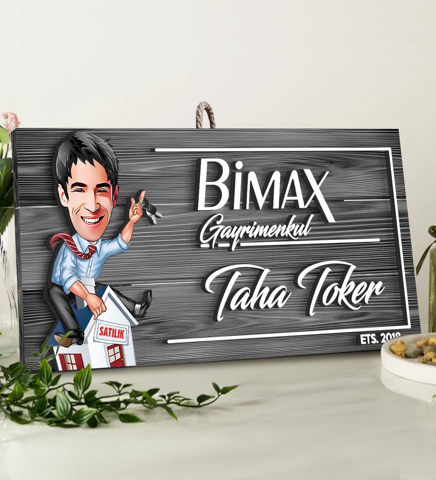 BK Gift Kişiye Özel Gayrimenkul Karikatürlü Gri Dekoratif Ahşap Tabela-2