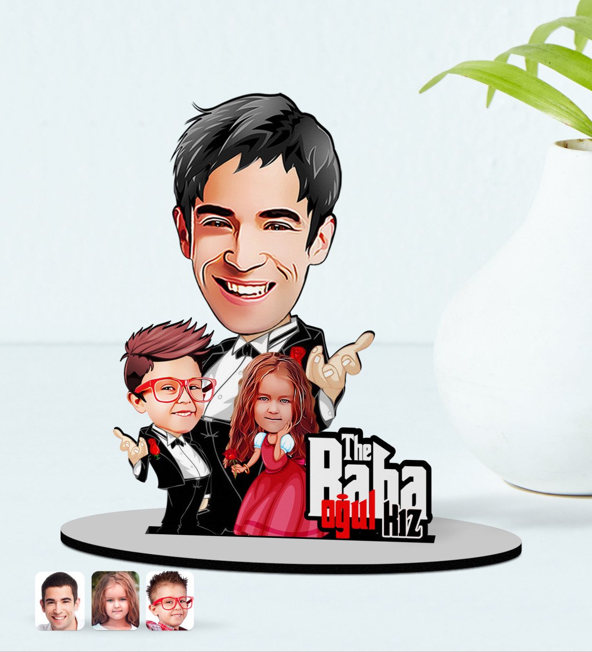 Kişiye Özel Godfather Baba Oğul ve Kız Karikatürlü Ahşap Biblo Model-1