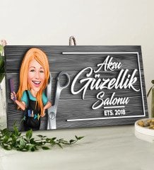 BK Gift Kişiye Özel Güzellik Salonu Karikatürlü Gri Dekoratif Ahşap Tabela