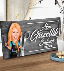 BK Gift Kişiye Özel Güzellik Salonu Karikatürlü Gri Dekoratif Ahşap Tabela